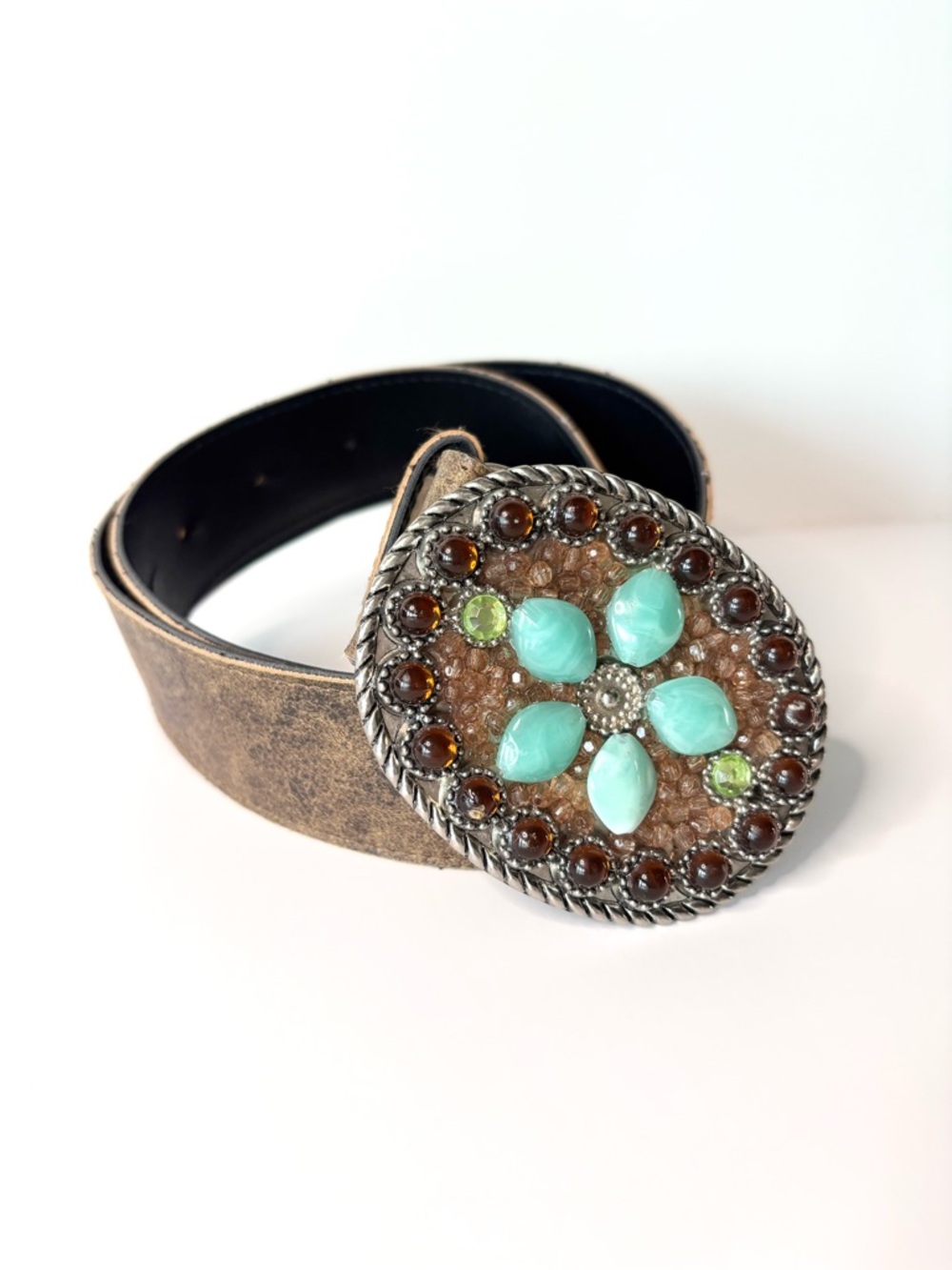 Turquoise Flower Western Belt with Decorative Concho Center Gemstone Surround